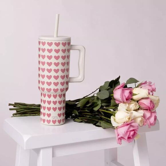 Simple Modern 40 oz Trek Tumbler Pink Hearts On White - Picture 1 of 7